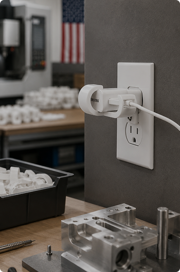 A white circular magnetic outlet cover plug attached to a white wall outlet, with a white cord extending to the right, shown in a workshop setting with metal parts and an American flag in the background.