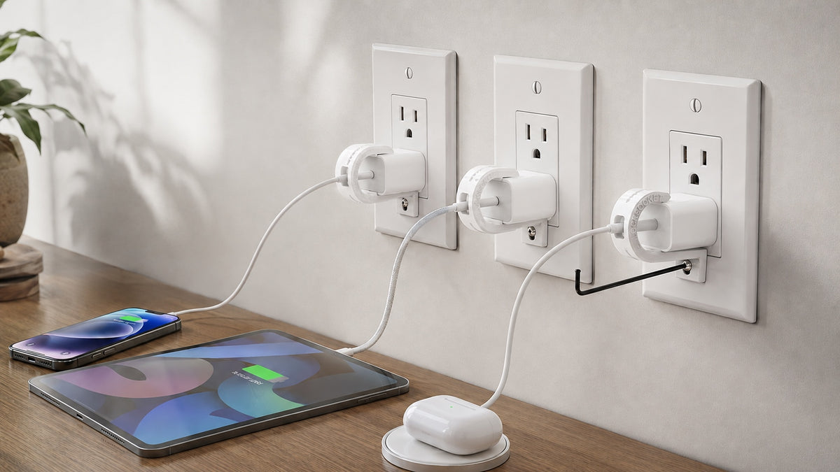 Three white wall-plugged electronic devices connected to a wall outlet on a wooden tabletop, with a smartphone and a tablet nearby in a real indoor setting.