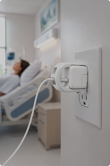 A white travel adapter and power cord plugged into a white wall outlet in a hospital room, with a blurred patient bed in the background.