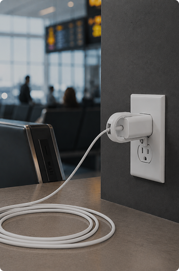 A white USB charging adapter plugged into a wall outlet on a dark gray wall, with a coiled white cable on a tabletop in the foreground and a blurred airport terminal interior in the background.