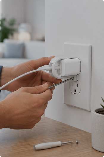 A close-up of a person's hands using a small screwdriver to remove a plug from a wall outlet, with a white charging adapter plugged in and a screwdriver on a wooden table below.