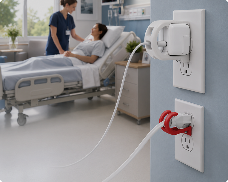 A white travel adapter plugged into a wall outlet, with a white power cord running down and a red surge protector or safety clip attached to another outlet in a hospital room setting.