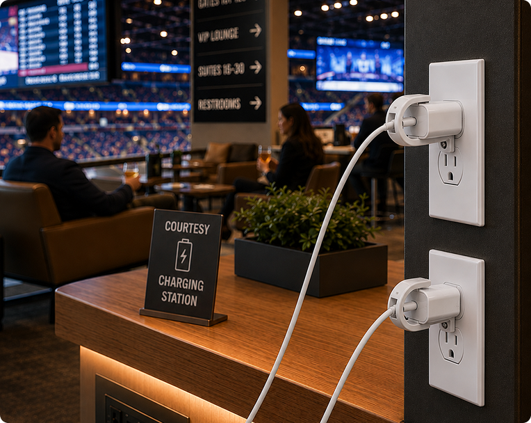 White USB-C charging adapters plugged into wall outlets on a dark pillar in a modern indoor event space or convention center, with a wooden counter, a 'COURTESY CHARGING STATION' sign, and a blurred background showing a large arena or stadium interior.
